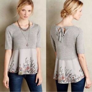 Anthropologie Moth Gardenia Swing Peplum Sweater XS Gray Floral Mixed Media Top